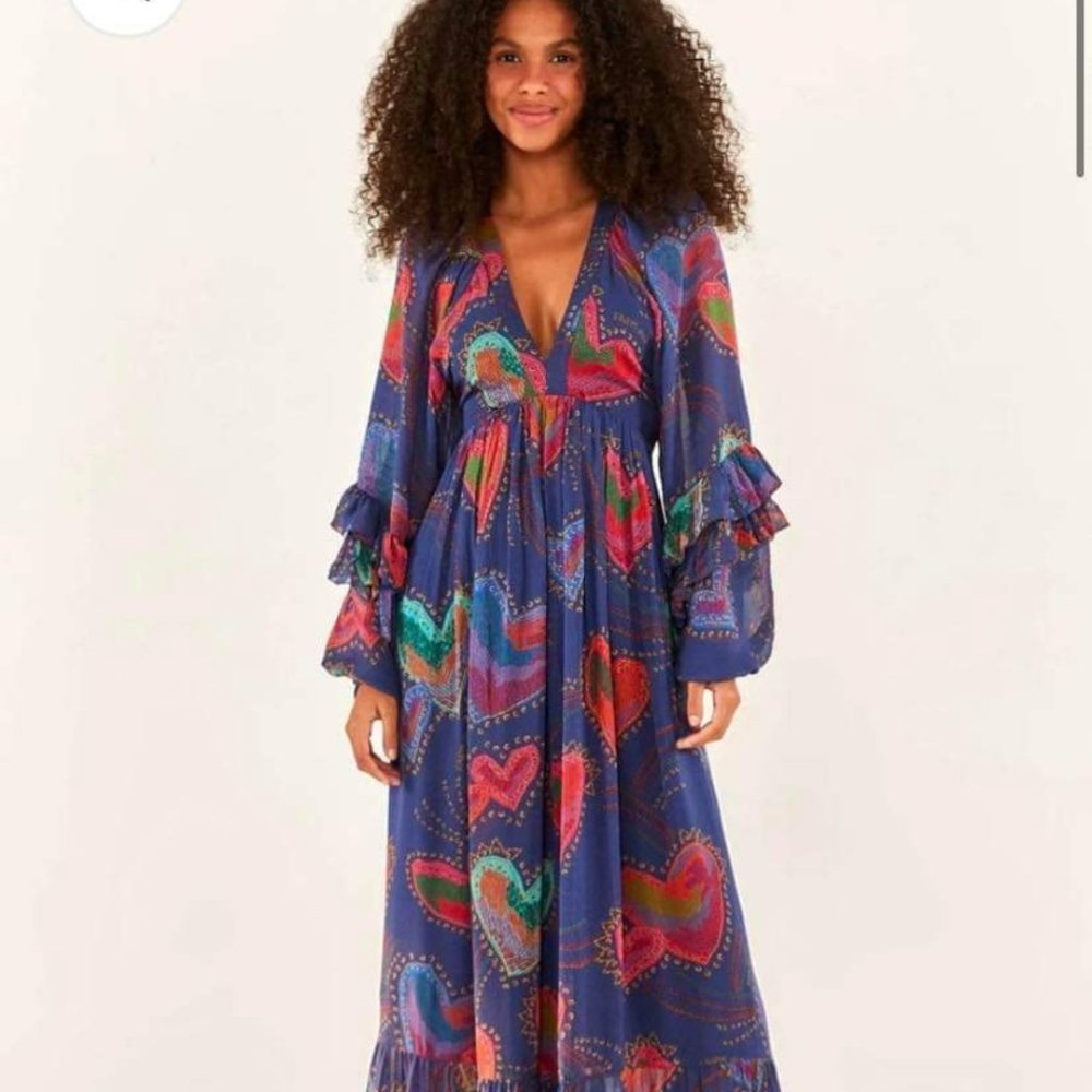 Farm Rio Blue Shinny Hearts maxi dress Small